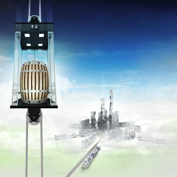 Beverage keg in sky space elevator concept above city — Stock Photo, Image