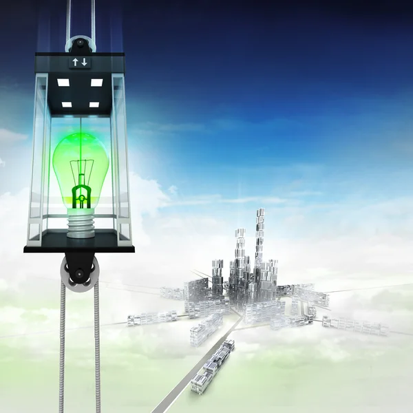 Green lightbulb in sky space elevator concept above city — Stock Photo, Image