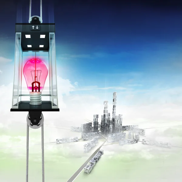 在天空太空升降机概念城市上空的红色灯泡 — 图库照片