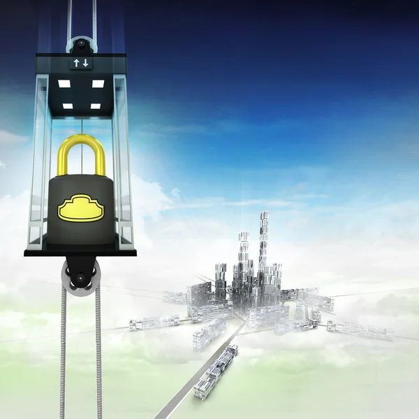 Security padlock in sky space elevator concept above city — Stock Photo, Image