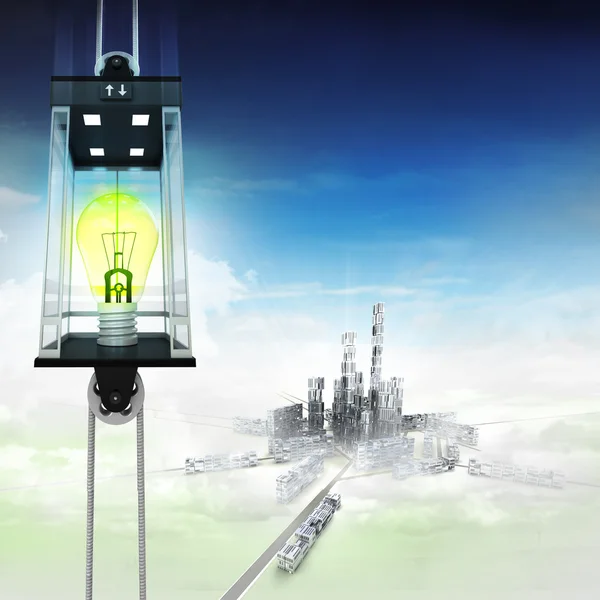 Yellow lightbulb in sky space elevator concept above city — Stock Photo, Image