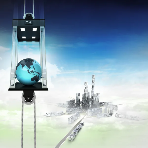 Asian earth globe in sky space elevator concept above city — Stock Photo, Image