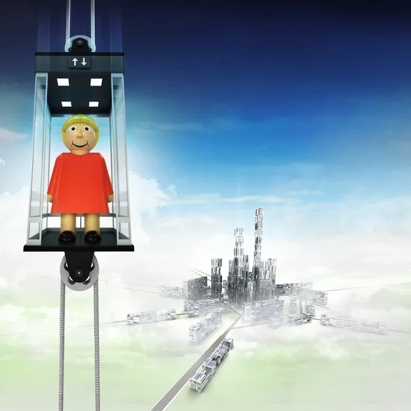 Woman in sky space elevator concept above city — Stock Photo, Image