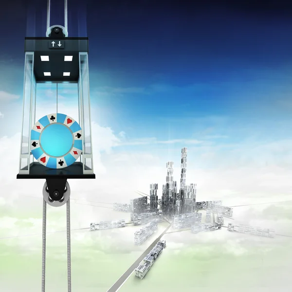Poker chip in sky space elevator concept above city — Stock Photo, Image