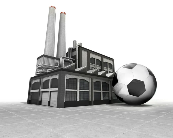 Μπάλα ποδοσφαίρου ως βιομηχανικό εργοστάσιο παραγωγής έννοια — Φωτογραφία Αρχείου