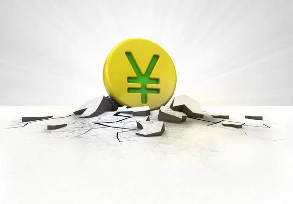 Golden Yuan coin strike into ground with flare concept — Stock Photo, Image
