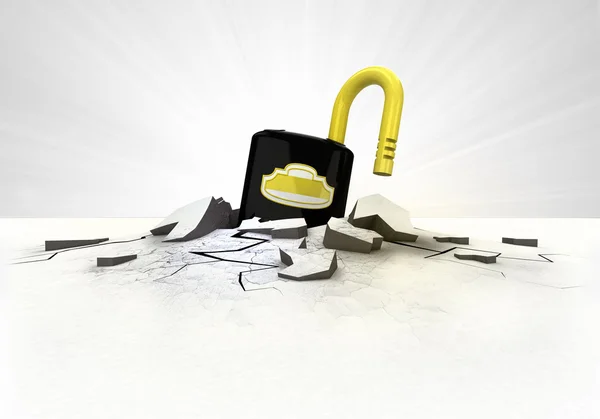 Open padlock stuck into ground with flare concept — Stock Photo, Image