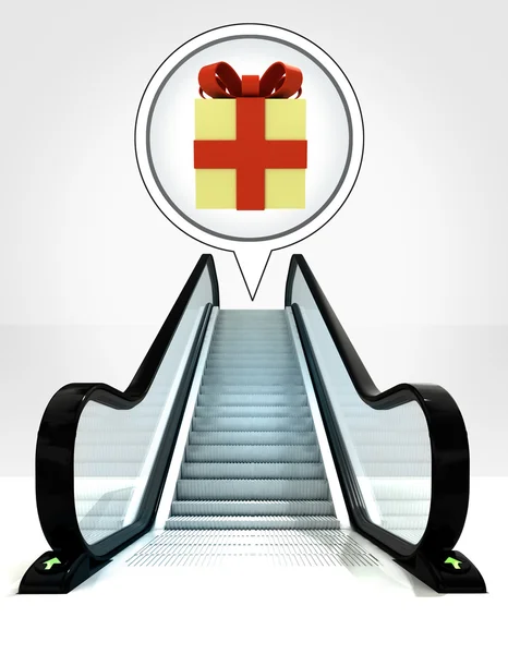 Gift box in bubble above escalator leading to upwards concept — Stock Photo, Image