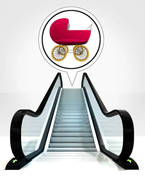 Baby pushchair in bubble above escalator leading to upwards concept — Stock Photo, Image