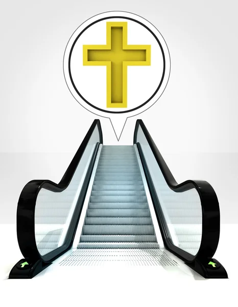 Golden cross in bubble above escalator leading to upwards concept — Stock Photo, Image