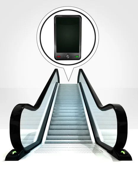 Téléphone intelligent dans la bulle au-dessus de l'escalator menant au concept ascendant — Photo