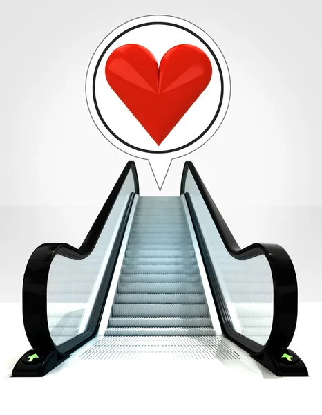Red heart in bubble above escalator leading to upwards concept — Stock Photo, Image