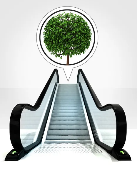 Leafy tree in bubble above escalator leading to upwards concept — Stock Photo, Image