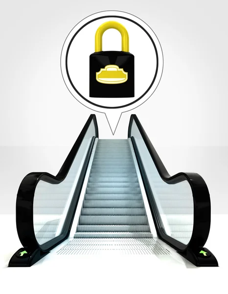 Closed padlock in bubble above escalator leading to upwards concept — Stock Photo, Image