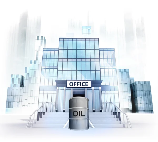 Oil barrel in front of office building — Stock Photo, Image