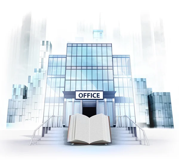 Open book in front of office building — Stockfoto