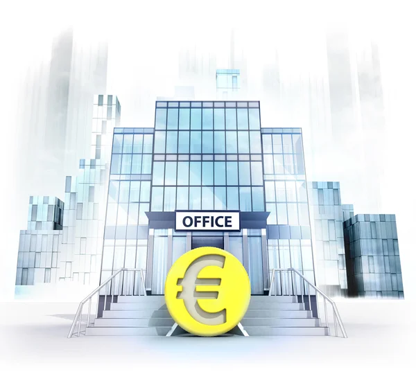 Euromünze vor Bürogebäude — Stockfoto