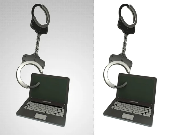 Nowy laptop w łańcuchu jako pojęcie przestępczości podwójne — Zdjęcie stockowe