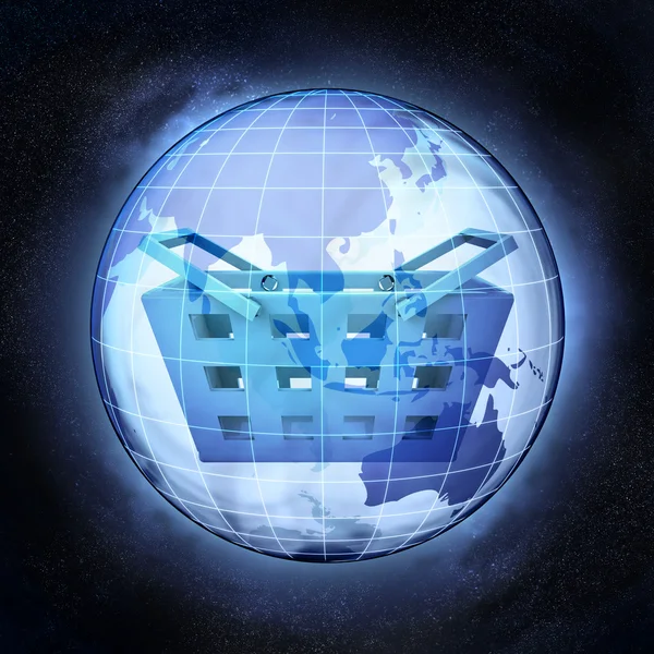 Shopping basket of Asia earth globe at cosmic view concept — Stock Photo, Image