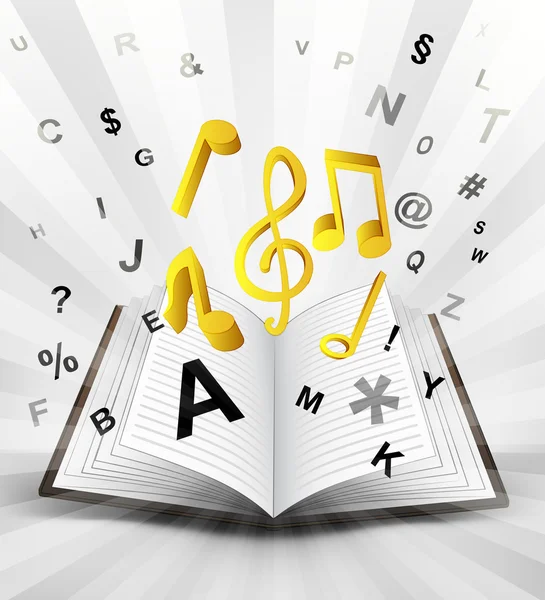 Muzyka znaki w otwartej książce — Wektor stockowy