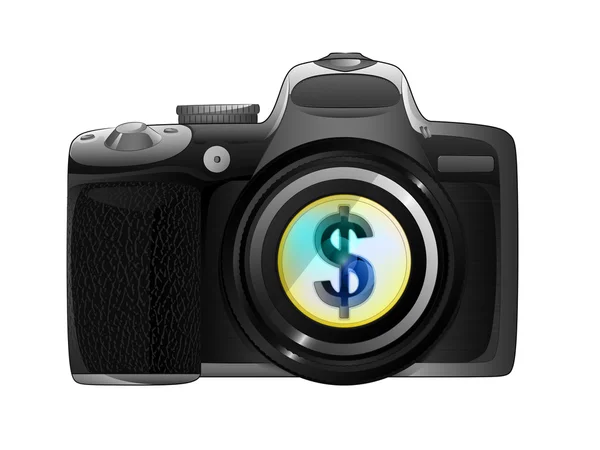 Arany dollár érme a kamera a hangsúly — Stock Vector