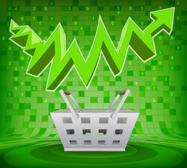 Trade basket under green rising zig zag arrow — Stock Vector