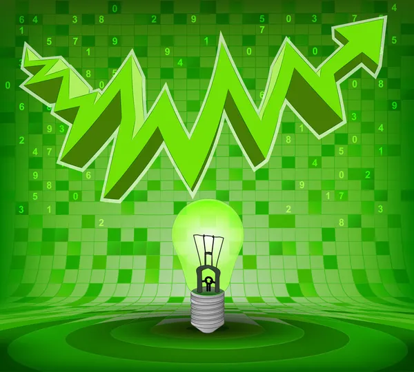 Green bulb under green rising zig zag arrow — Stock Vector