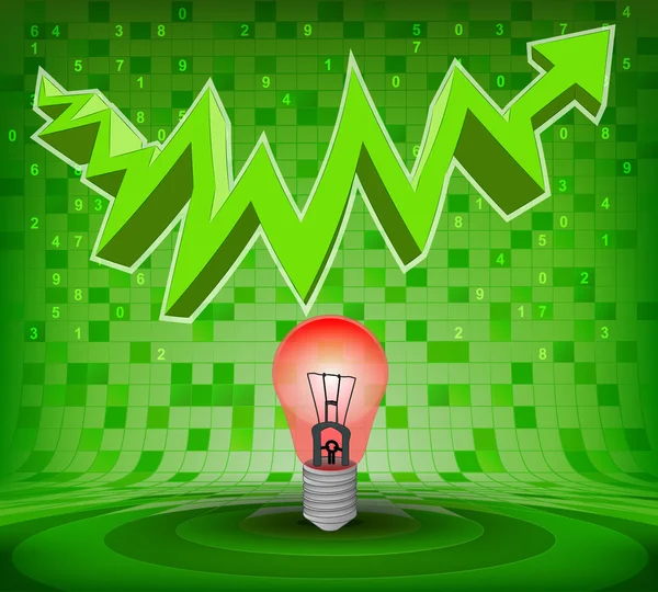 Warning  bulb under green rising zig zag arrow — Stock Vector