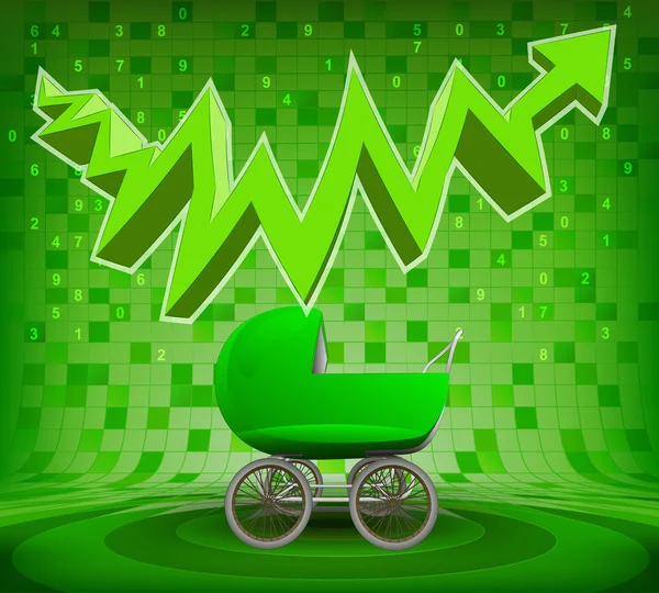 Baby pushchair under green rising zig zag arrow — Stock Vector