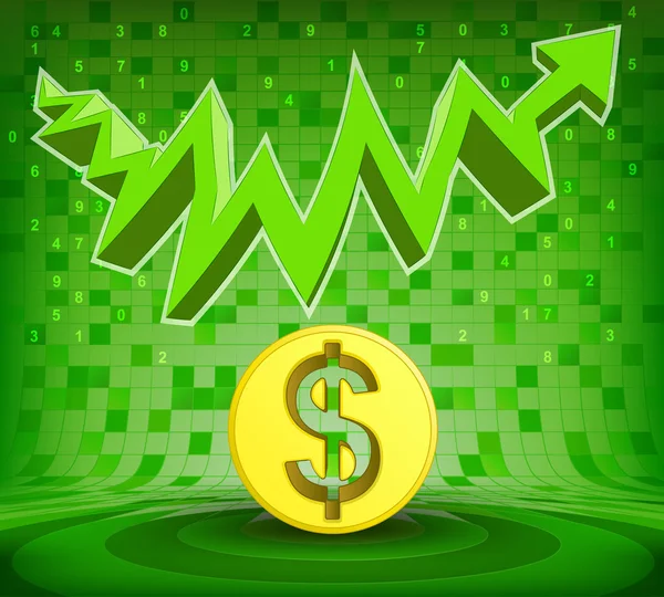 Golden Dollar coin under green rising zig zag arrow — Stock Vector