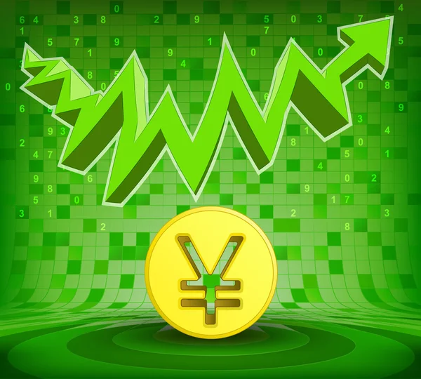 Golden Yuan coin under green rising zig zag arrow — Stock Vector
