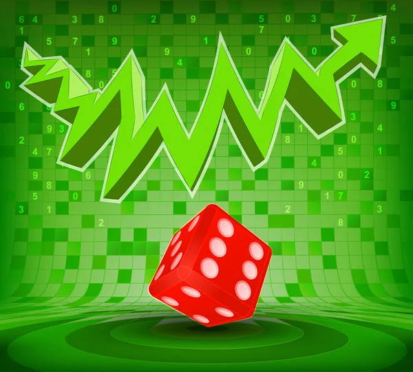 Lucky dice under green rising zig zag arrow — Stock Vector