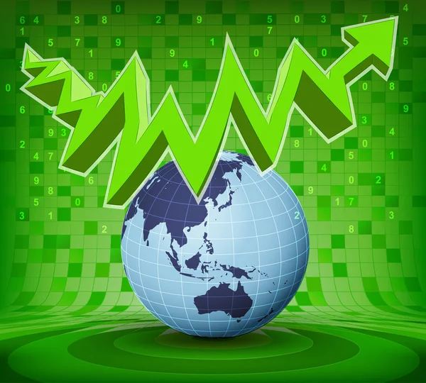 Azië earth globe onder groene stijgende zig zag pijl — Stockvector