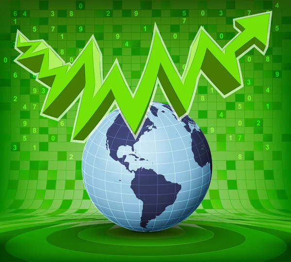 Amerika earth globe onder groene stijgende zig zag pijl — Stockvector