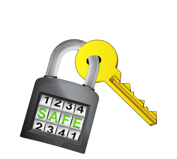 Golden key caught in security closed padlock isolated vector — Stock Vector