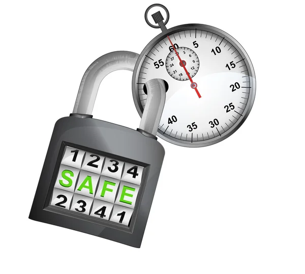 Stopwatch gevangen in veiligheid gesloten hangslot geïsoleerde vector — Stockvector