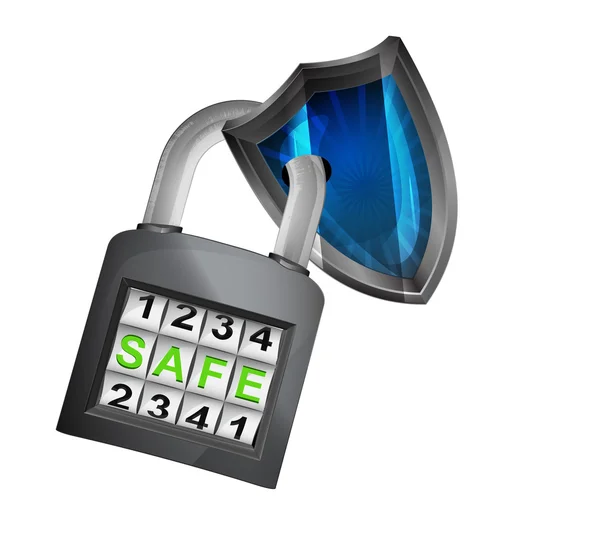 Protective shield caught in security closed padlock isolated vector — Stock Vector