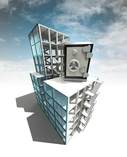 Conceito de depósito financeiro do plano de construção arquitetônica com céu — Fotografia de Stock