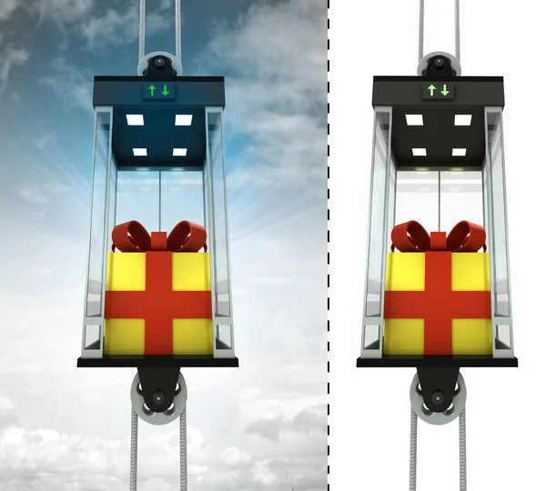 Gift wrapping in sky elevator concept — Stock Photo, Image