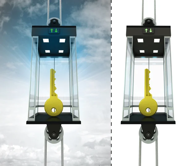 Golden key in sky elevator concept — Stock Photo, Image