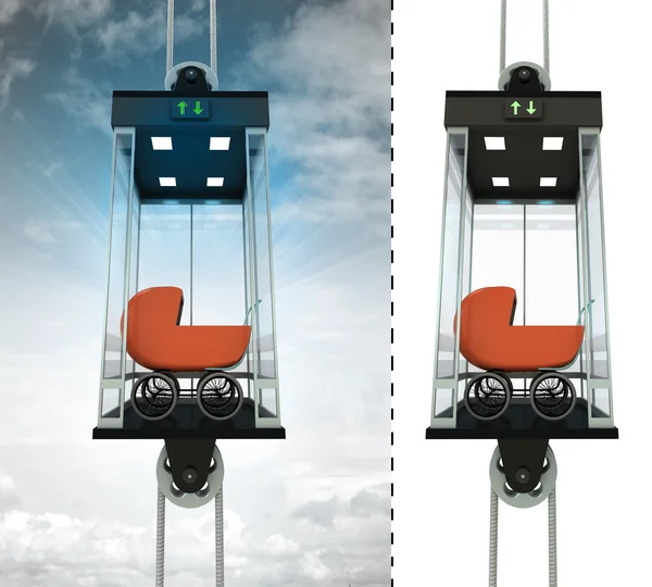 Red pushchair in sky elevator concept — Stock Photo, Image