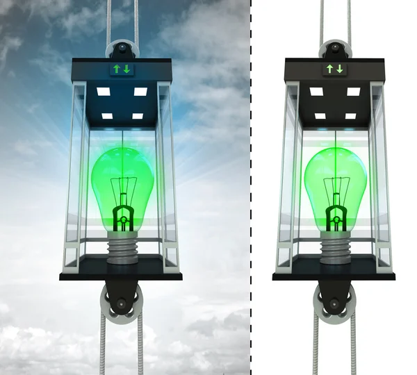 Green lightbulb in sky elevator concept — Stock Photo, Image