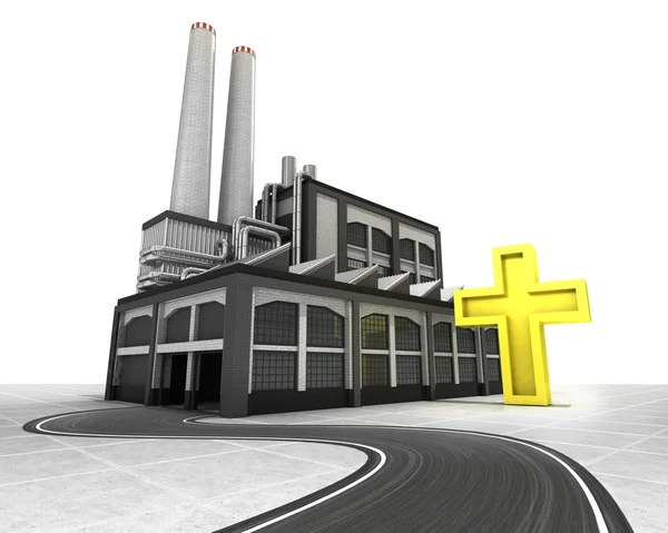 Golden cross with factory supply road concept — Stock Photo, Image