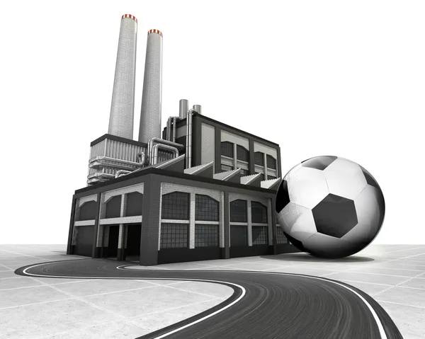 Bola de futebol com conceito de estrada de fornecimento de fábrica — Fotografia de Stock