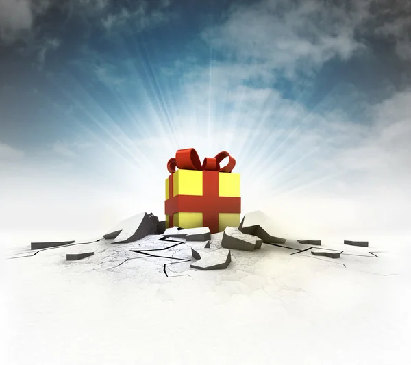 Geschenkverpakking geplakt in grond met flare en hemel — Stockfoto
