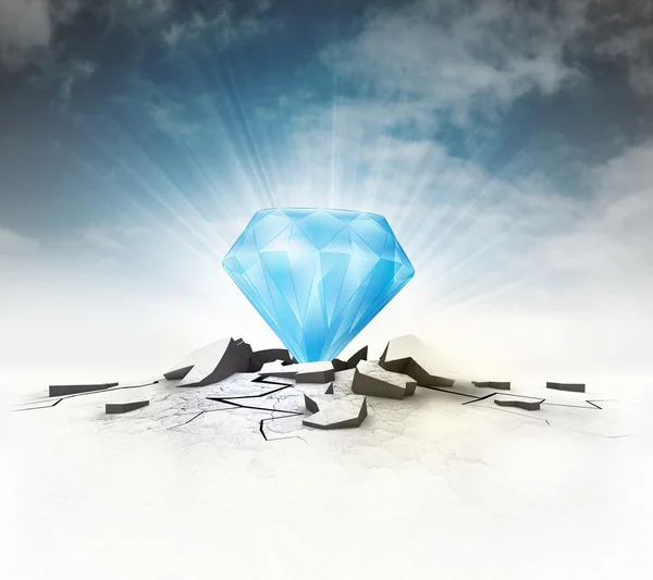 Blauer Diamant steckt mit Fackel und Himmel im Boden fest — Stockfoto