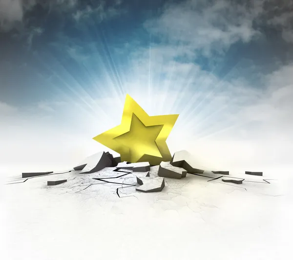 Golden star stuck into ground with flare and sky — Stock Photo, Image