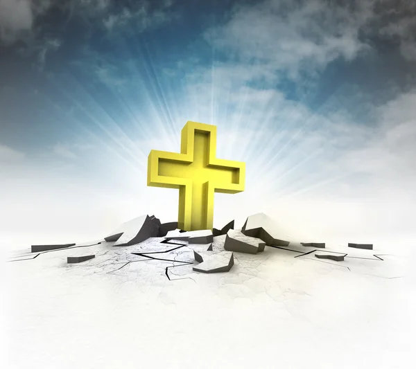 Holy cross stuck into ground with flare and sky — Stock Photo, Image