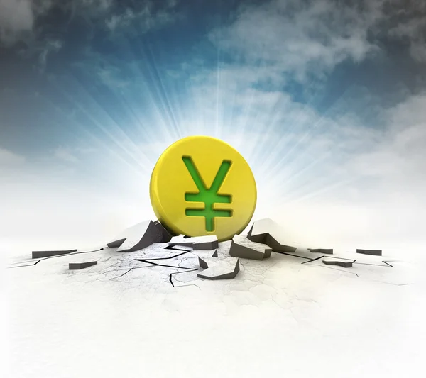 Oro Yuan moneda huelga en el suelo con bengalas y el cielo — Foto de Stock