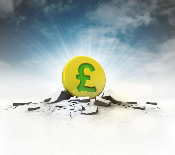 Golden Pound coin strike into ground with flare and sky — Stock Photo, Image